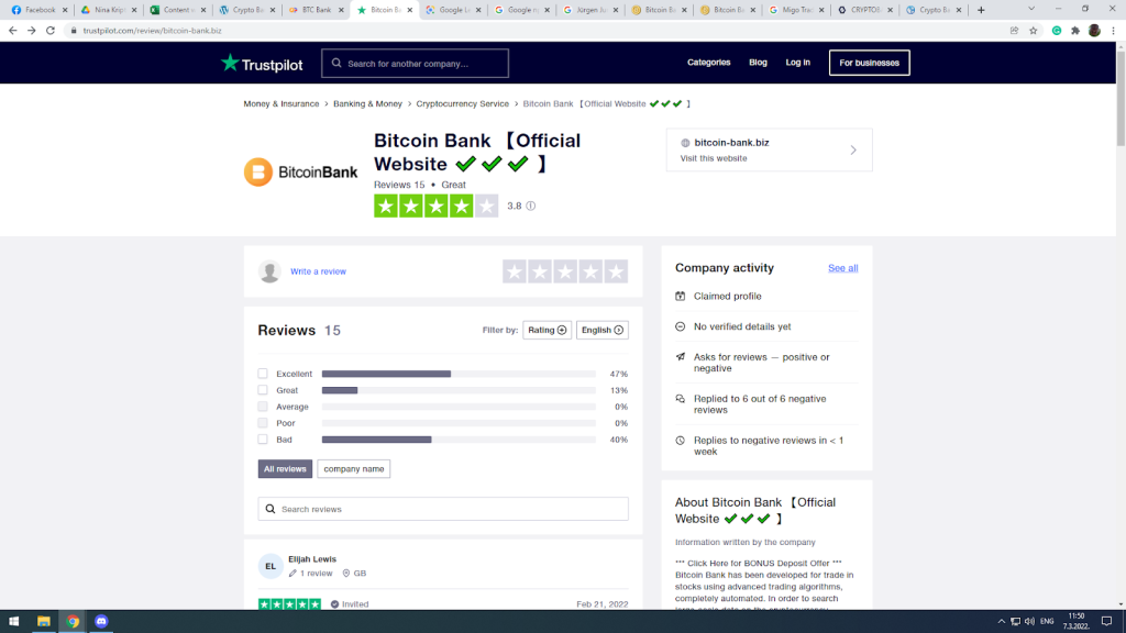 Trustpilot reviews of Crypto Bank 