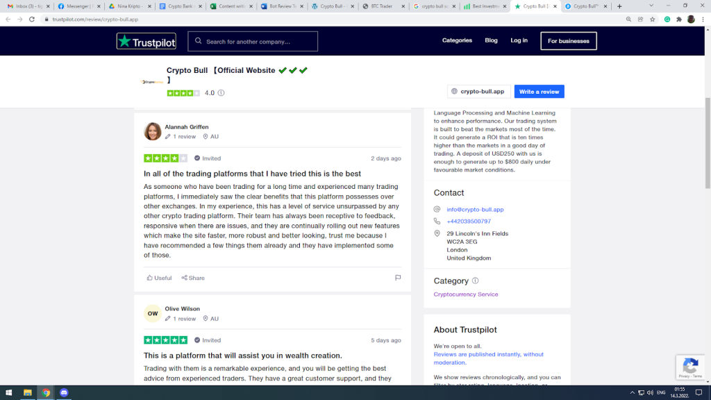 Trustpilot fake review of Crypto Bull