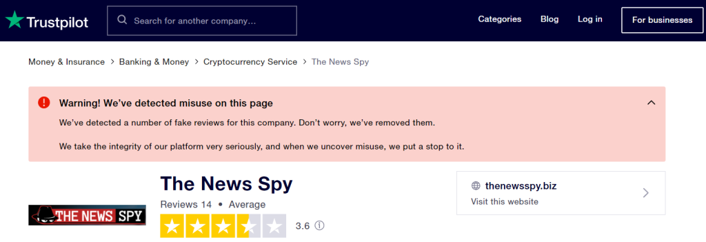 Fake Positive Reviews for News Spy on Trustpilot