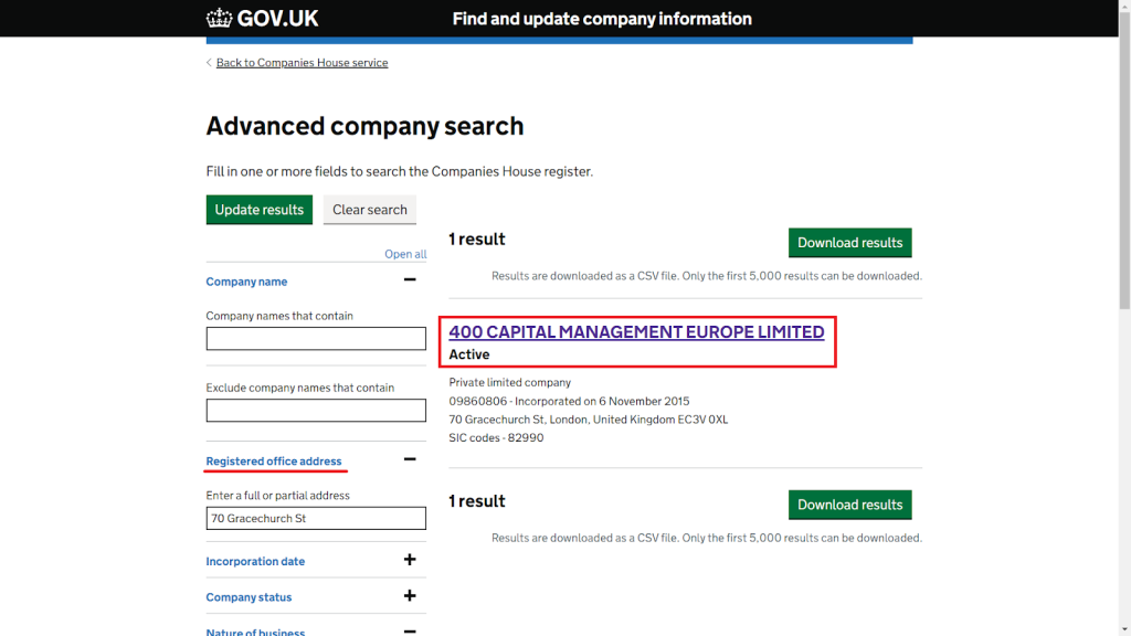 no company with the same name registered on the corresponding addresses