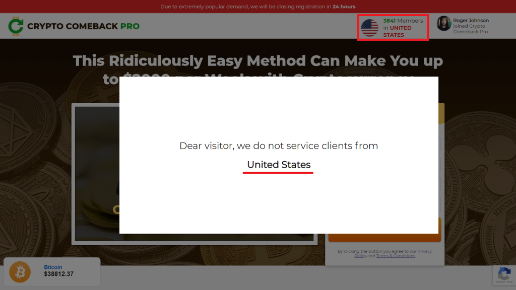 Crypto Comeback doesn't service clients from US