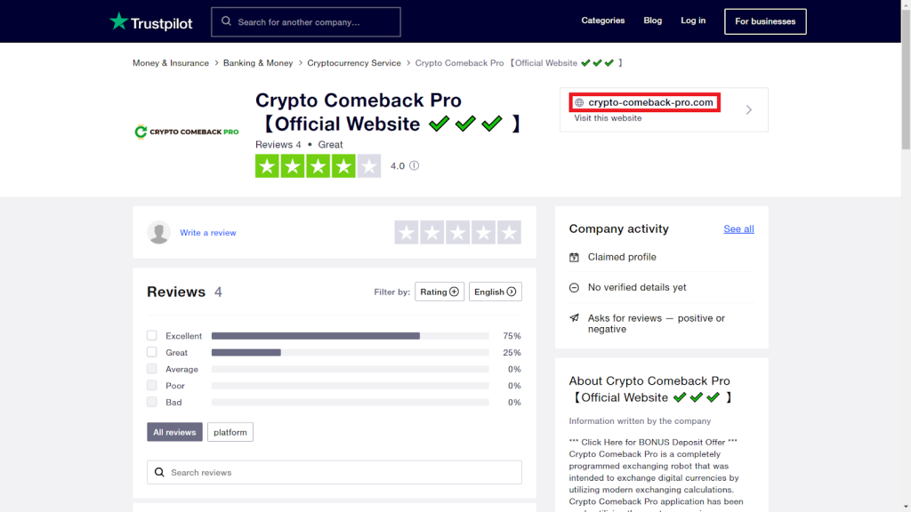 Trustpilot reviews of Crypto Comeback Pro