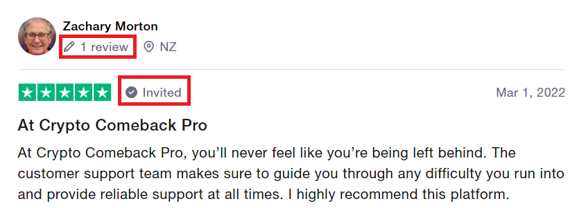 Fake Trustpilot Review of Crypto Comeback Pro