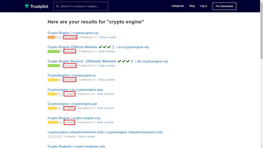 Trustpilot reviews about Crypto Engine