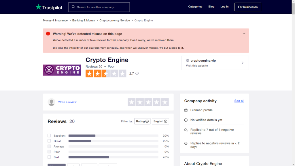 Trustpilot Has Issued Warning Against Crypto Engine because of Fake Reviews