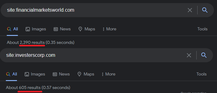 number of indexed pages of investerscorp.com and financialmarketsworld.com