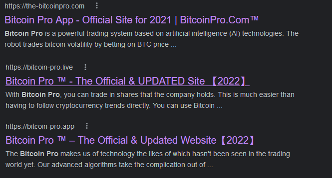 Google search of Bitcoin Pro