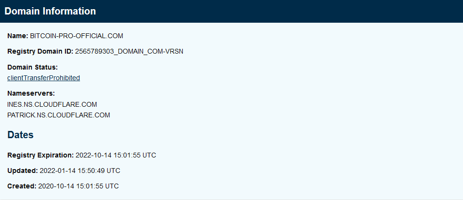Domain information of Botcoin Pro bot