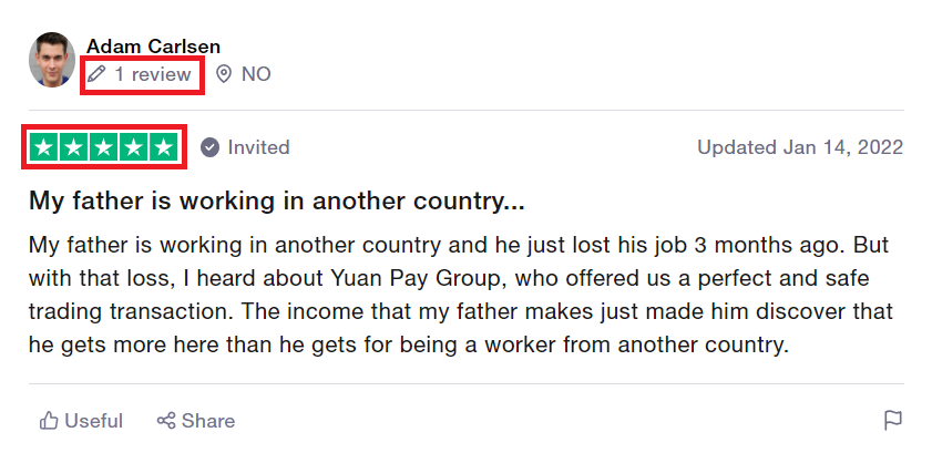 Fake Trustpilot review of Yuan Pay