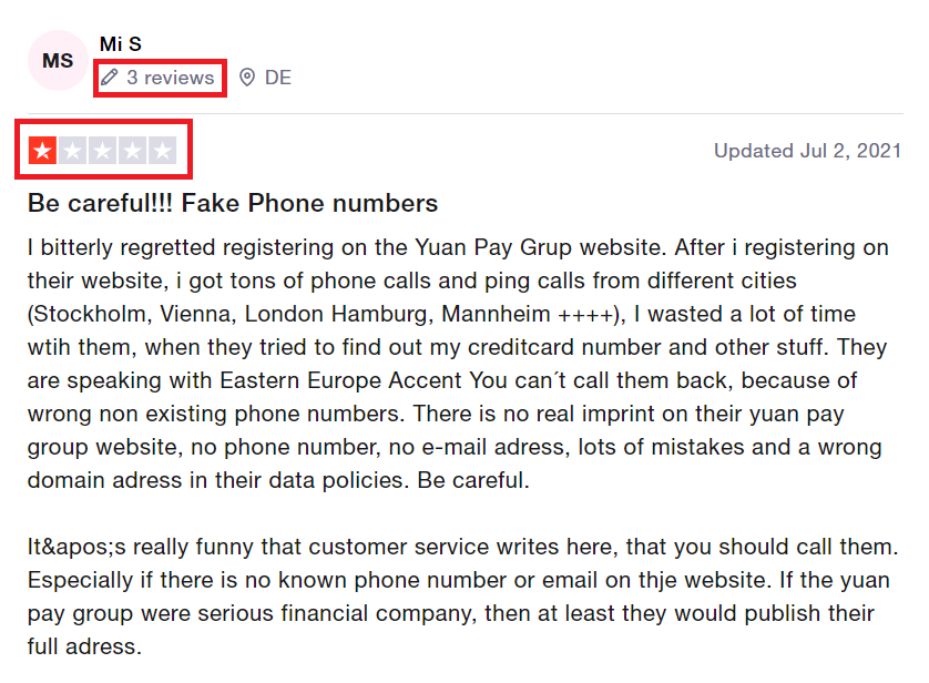 True Trustpilot review of Yuan Pay