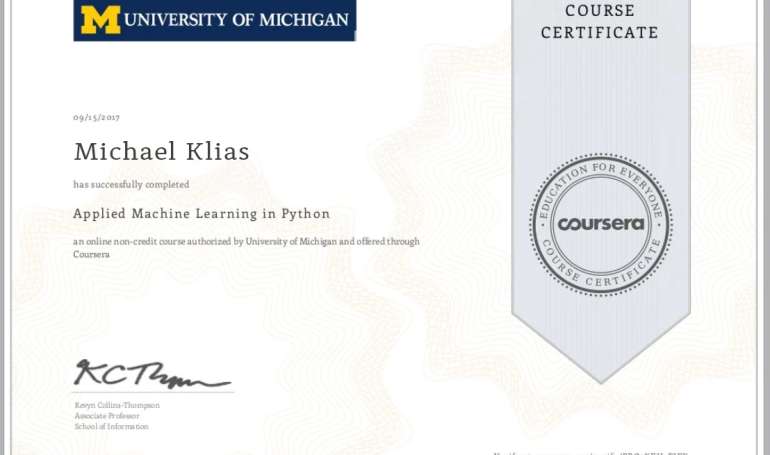 Michael Klias applied machine earning in python 2017 certificate
