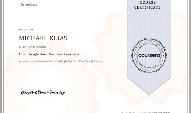 Michael klias Google Machine Learning Certificate