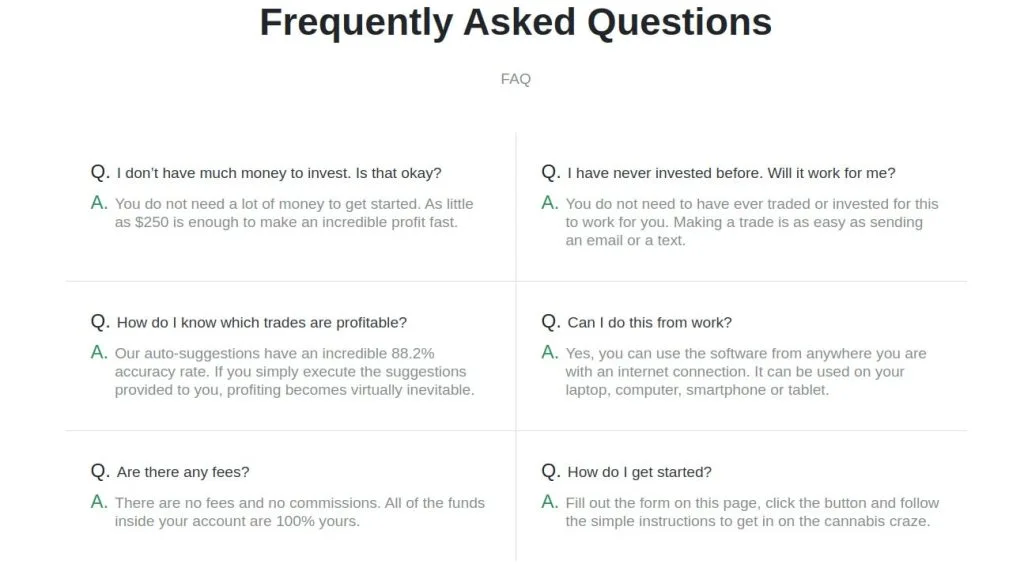 FAQ section of Trade Cannabis Stock