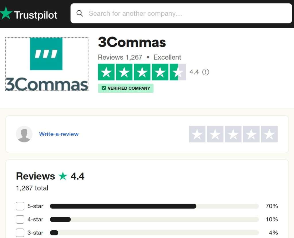 3Commas review on TrustPilot 
